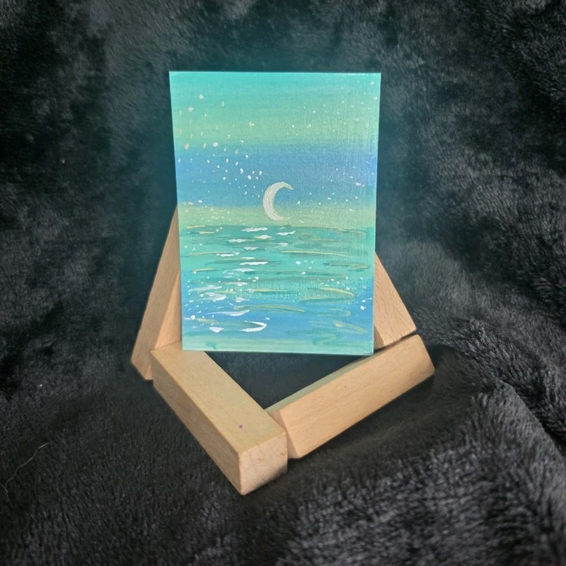 ACEO Hand Painted Acylic  Ble and Green Warning  Moon Card
