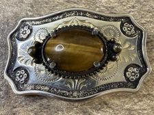 Vintage Western Black Silver Inlaid Carnelian Stone Belt Buckle 2.5”