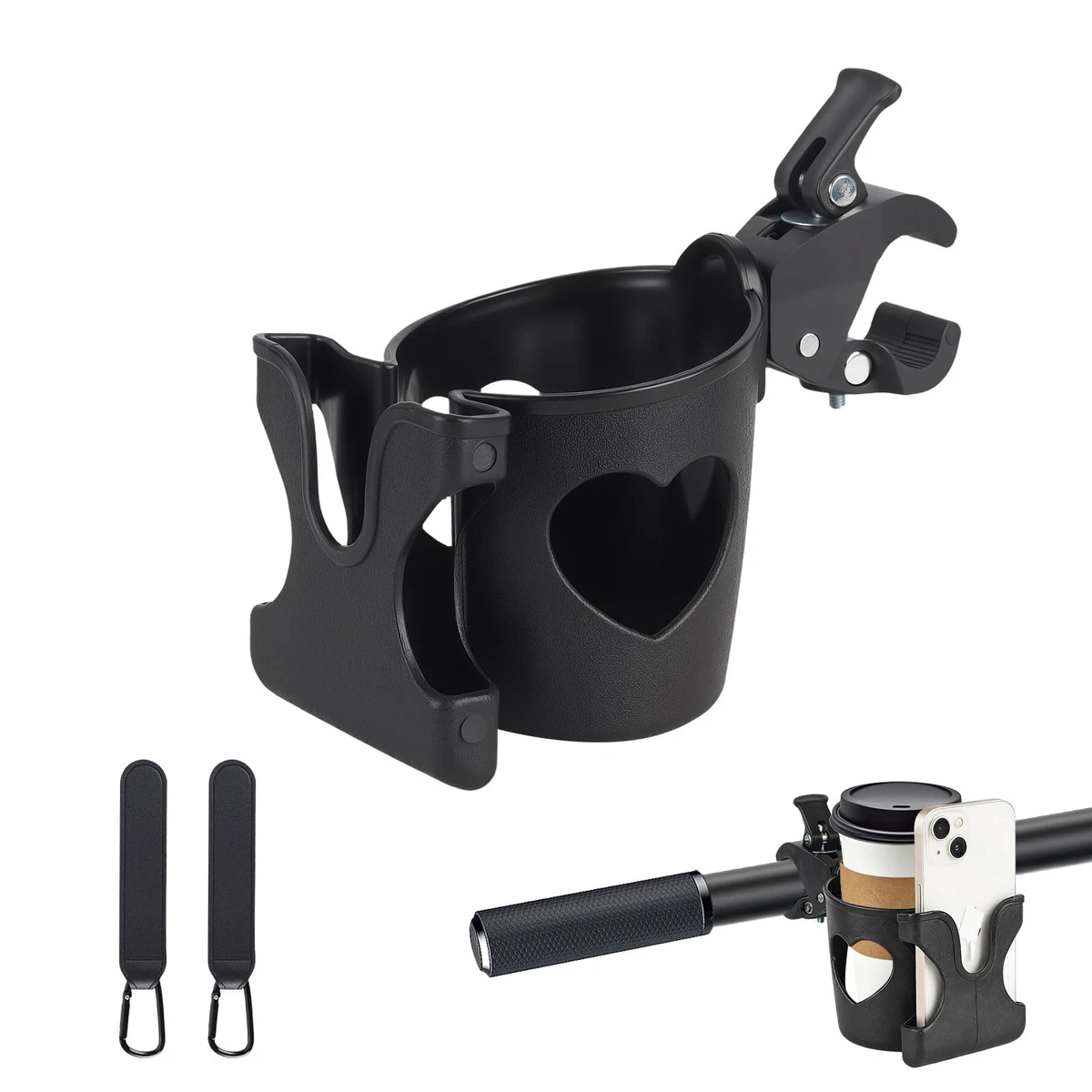 Universal Pram Cup & Phone Holder Durable for Strollers – Black 3 pack