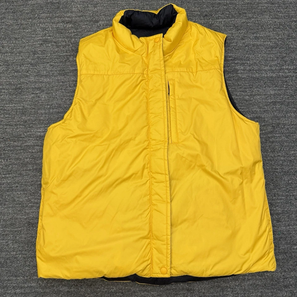 Chaleco acolchado Lands End para mujer medio azul amarillo reversible plumón de ganso al aire libre Foto 3 de 4