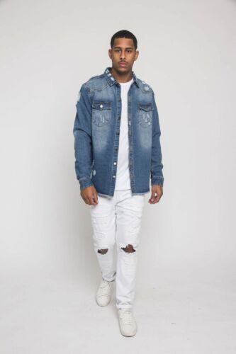 Victorious Men's Long Sleeve Button Up Distressed Denim Jean Shirt Jacket DK158 - Picture 9 of 54