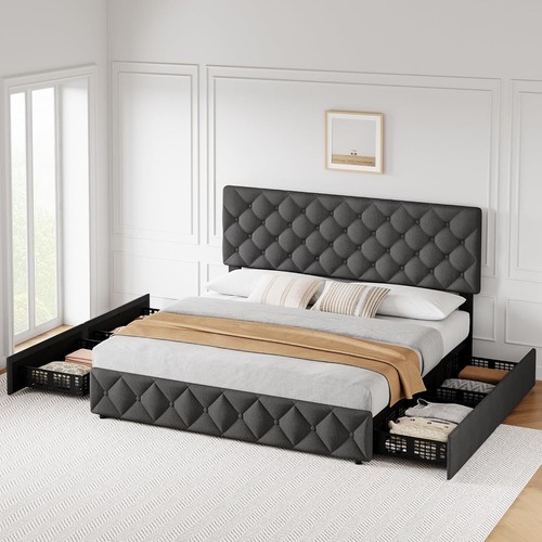 Bed Frame With 4 Storage Drawers and Headboard, Linen Upholstered Platform Bed - Picture 11 of 16