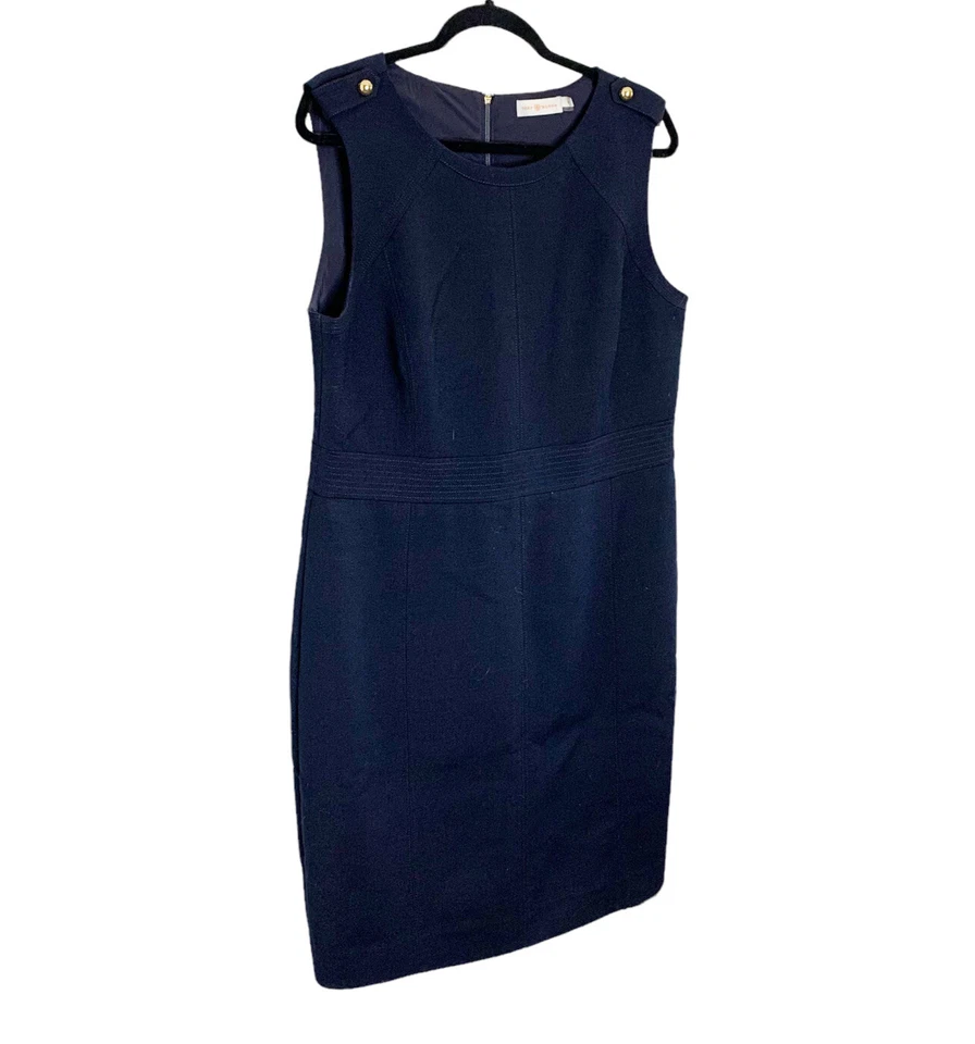 Tory Burch Women’s Wool Blend Evelina Sheath Dress size 14 Navy Blue Gold Detail - Image 4 of 4