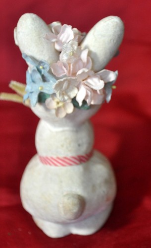 Vintage 1960 Japan 4 3/4" beflockter Osterhase, gesponnene Baumwolle Karotte, Blumen - Bild 4 von 5