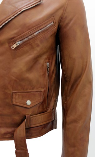 Men's Black & Tan Retro Brando Casual Biker Jacket 100% Nappa Leather - Picture 13 of 14