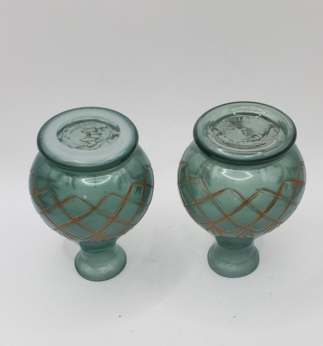 Green Teal Glass Bottles With Decorative Golden Lines Vintage Vase Decorative - Picture 8 of 12