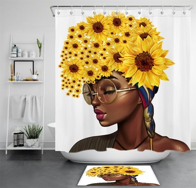 Black Girl Shower Curtain Sets African Women With Sunflowers For Bathroom Decor Black Girl Shower Curtain Sets African, African Woman Shower Curtain Set
