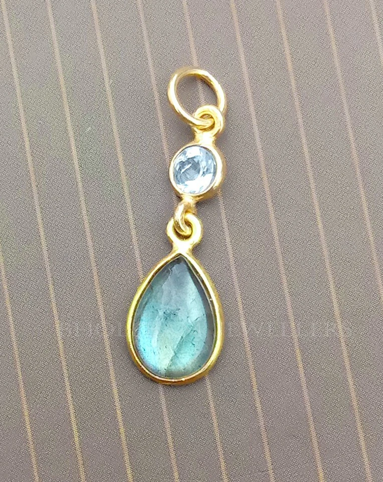 Natural Labradorite And Blue Topaz Necklace, 18k-Yellow Gold Handmade Pendant - Image 4 of 4