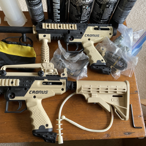 Lot Tippman Cronus Tactical Paintball 2 Guns 4 Pods 5 Co2 Tanks 4 Hoppers Extras - Picture 2 of 15