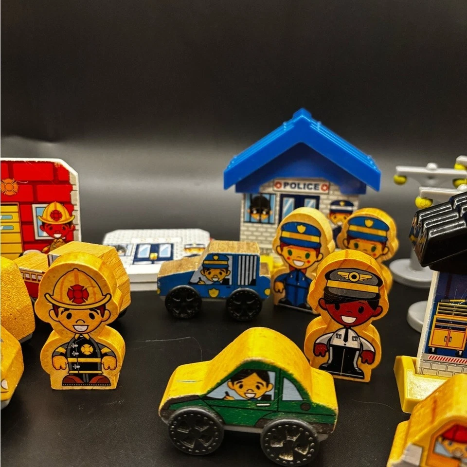 Kidkraft Train Accessories Lot Wood Plastic Cars People Lights Trees Helicopter - Image 3 of 4