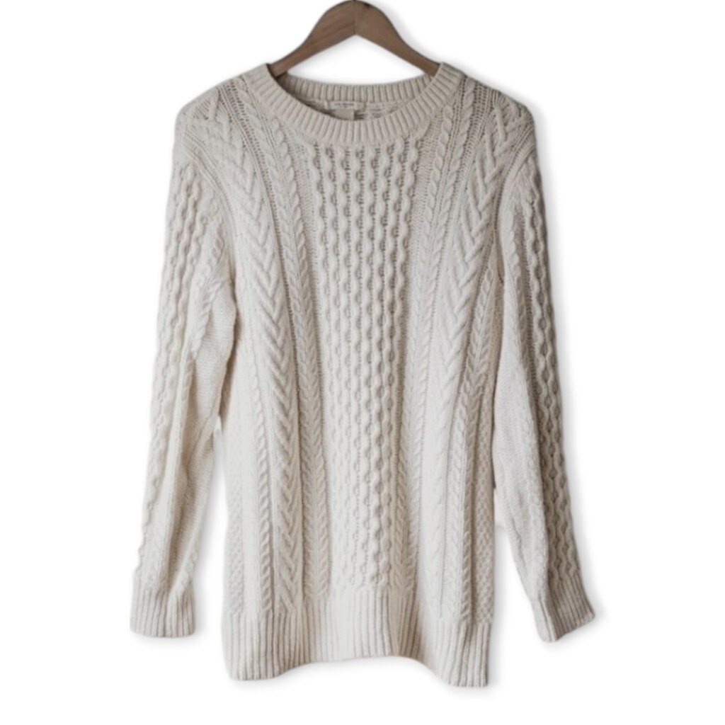Club Monaco Fisherman Cable Knit Cashmere Wool Blend Sweater Women's sz M Cream
