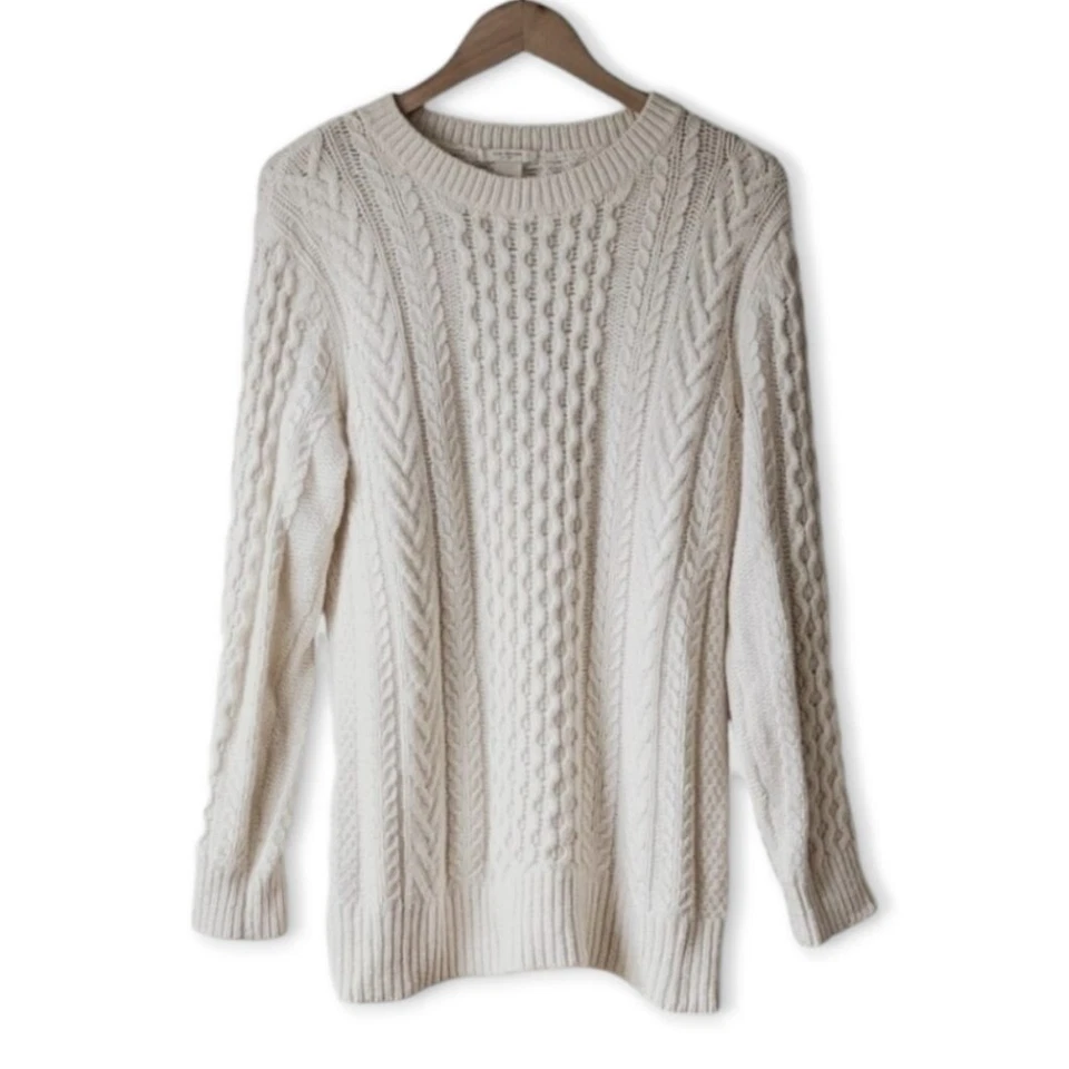 Club Monaco Fisherman Cable Knit Cashmere Wool Blend Sweater Women's sz M Cream - Image 2 of 4