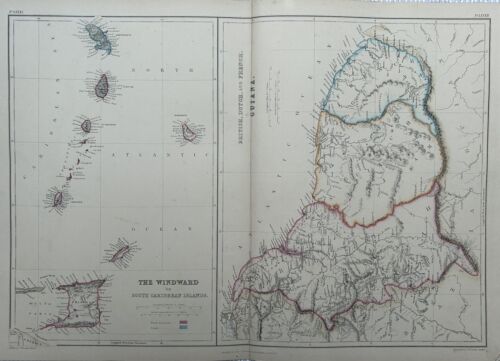 1860 The Windward Islands & The Guianas Hand Coloured Antique Map by G.W Blackie