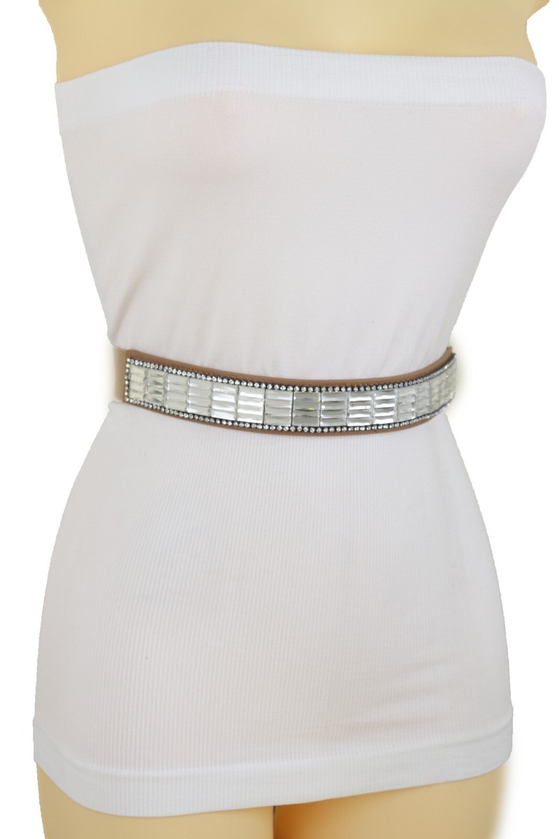 Women Skinny Mocha Brown Color Elastic Band Belt Silver Bling Beads Fit  Size S M | eBay