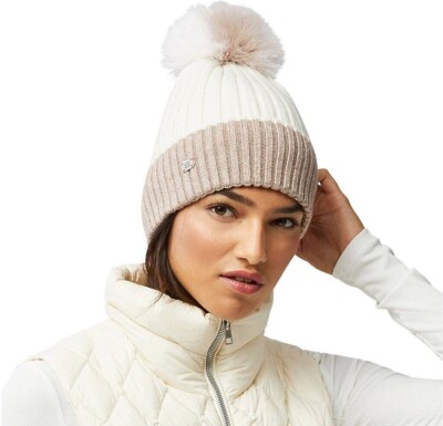 SOIA & KYO Ciel Rib-knit Beanie Hat- Detachable Feather Pom Pom - Ivory / tan Kinley Knit Beanie Hat with Finn Raccoon Pom Pom in Cream  main image 4