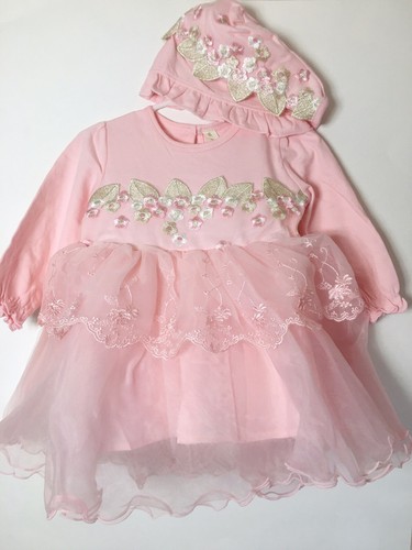 Baby Girl Floral Formal Party Dress Pilot Cap set 12-18 M Pink Long Sleeve - Picture 11 of 12