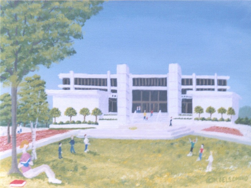 Campus Life, acrylics, by Marie Gelsomino, 12"x16", framed