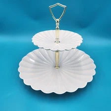 Vintage 2 Tier Serving Tray/Platter - Pretty Rippled Pattern Gold Tone Accents