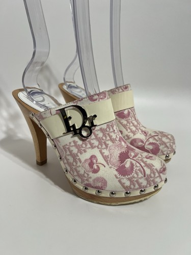 Vtg Christian Dior by John Galliano Pink Monogram Clog Mule Heels 36.5