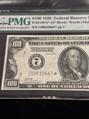 1928 $100 Star ⭐️ FRN Chicago (G*Block) STAR Fr. 2150-G* PMG 35 Woods/Mellon 7 - Picture 2 of 16