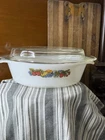 VTG ANCHOR HOCKING FIREKING FRUIT DESIGN OVEN PROOF OVAL BOWL GLASS LID 1 1/2 QT