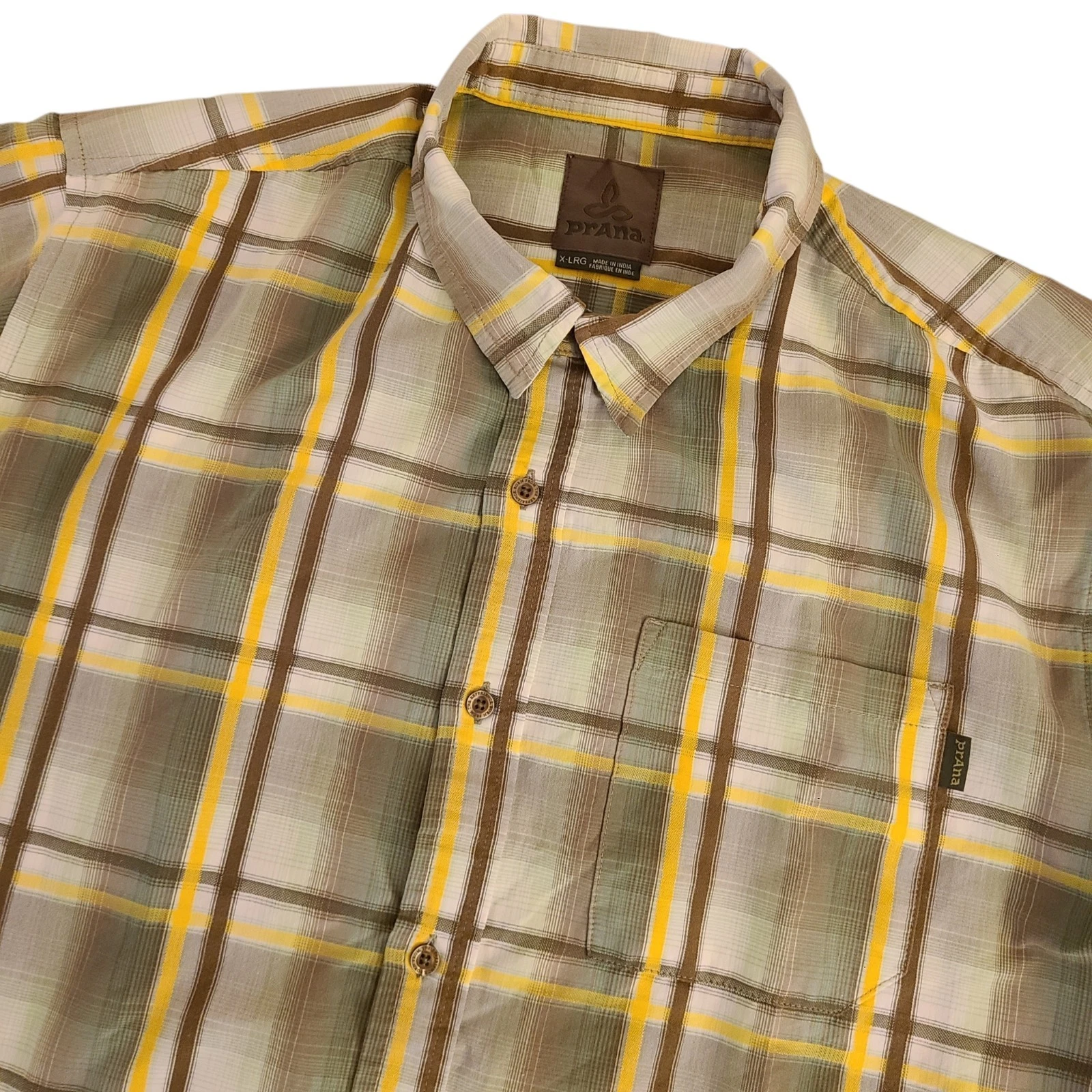 prAna Men's XL Yellow/Green/Brown Plaid Short Sleeve Button Down Hiking Shirt