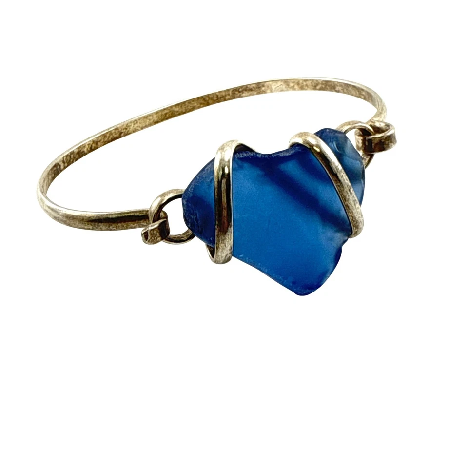 Brazalete Brazalete Hecho a Mano Azul Cobalto Vidrio Mar Plata Esterlina Foto 2 de 4