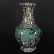 10-inch Qing Qianlong Enamel Colored Flower and Bird Hexagonal Vase Porcelain