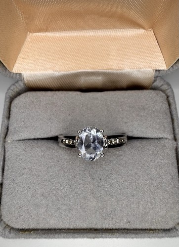 10K Solid White Gold Ring w/ Aquamarine & Diamonds size 7 - Picture 1 of 8
