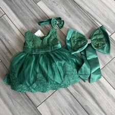 Girls Infant Green Formal Flower Floral Lace Tutu Dress Bow Headband 6 Months