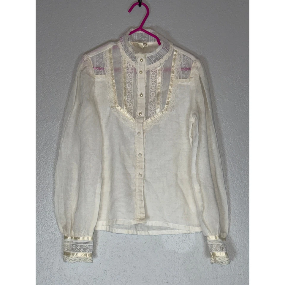 Vintage Gunne Sax Lace Cotton Long Sleeve Blouse Kids Girls Size 6 Small Cream - Image 3 of 4