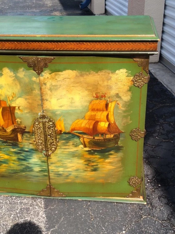 Antigo navio náutico pintura a óleo pintado armário missão madeira baú móveis - Imagem 3 de 4