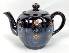 Vintage Japanese Black Ceramic Floral Design Glazed Tea Pot 6.25" Tall