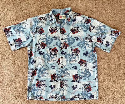 Hilo Hattie Blue Tropics Paradise Isles Hibiscus Floral Print Shirt-Size Large