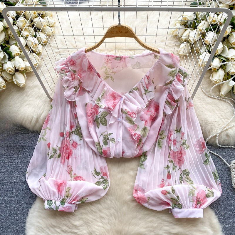 Women Floral Chiffon Pleated Blouse Shirt Top V-neck Puff