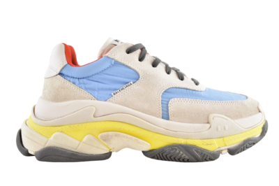 Balenciaga Triple S V2 Blue Yellow Suede Nylon Speed Flat Trainer