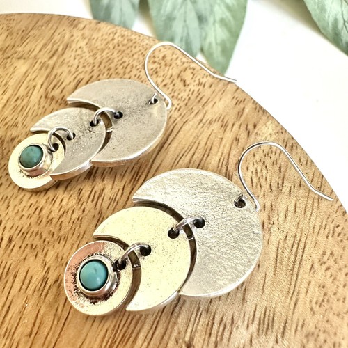 Pendientes Boho Plata Capas Media Luna Disco Turquesa Piedra Suroeste NUEVO - Imagen 9 de 13
