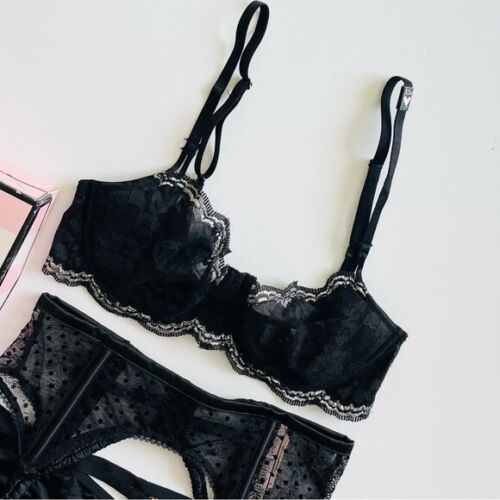32D SMALL Victoria’s Secret 3PCS black bra set cheeky panties garter belt - Picture 2 of 7