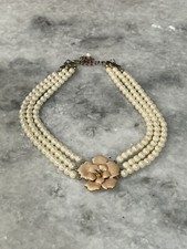 Faux Pearl Triple Strand Collar Enamel Beige Rose Fashion Necklace 14 in.