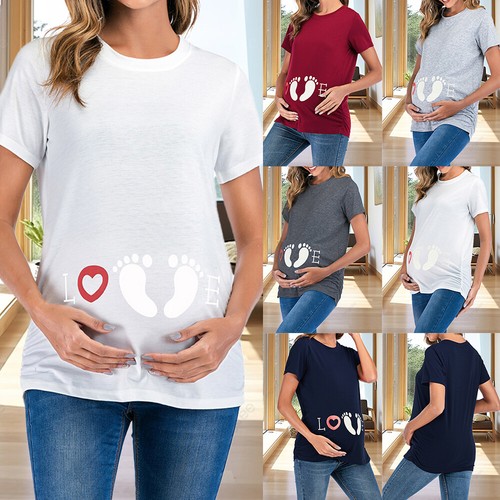 Women Summer Round Neck Maternity Print T-Shirt Short Sleeve Print Tops Blouses