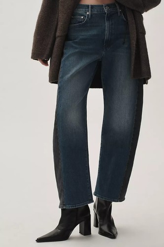 Mother Half Pipe Flood Jeans Anthropologie Barrel Black & Blue Stripe Sz 27P NEW - 第 2/7 張圖片