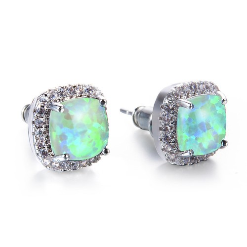 Square Shaped Multi Green Fire Opal Cubic Zirconia Gems Woman Stud Hook Earrings - Picture 1 of 6