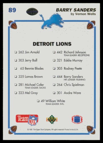 1991 Upper Deck #89 Barry Sanders Detroit Lions - Picture 2 of 2
