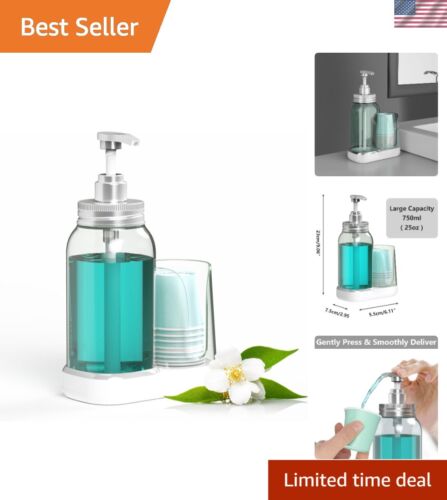25oz Mouthwash Dispenser with Pump & Cup Holder, Refillable Blue Bottle