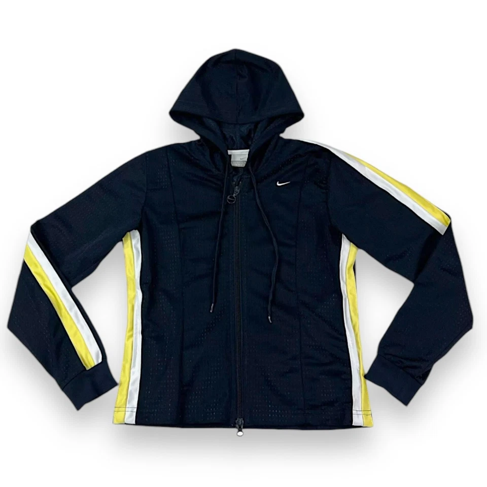 Nike WOMENS SM Lightweight Mesh Hooded Jacket Side Stripe Full Zip Navy Blue EUC - Imagem 2 de 4