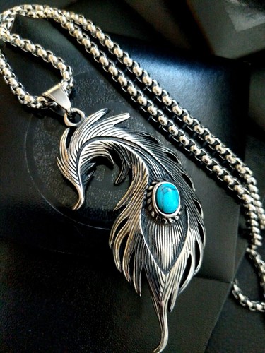 Large Vintage Artisan Ethnic Turquoise Stone Feather Stainless Steel Necklace - Picture 2 of 6