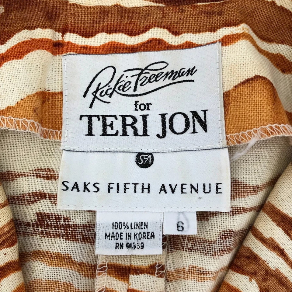 Blazer Rickie Freeman Teri Jon Vintage Talla 6 Lino Marrón Crema Top Abotonado Foto 2 de 4