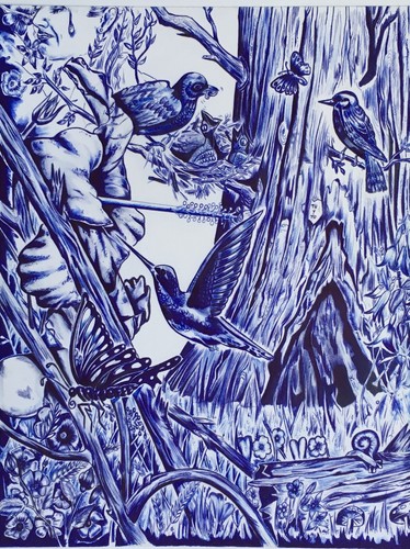 LARGE 44x28 INMATE ART INK DRAWINGS BIRDS BUTTERFLIES NATURE TREES LANDSCAPE - Picture 8 of 10
