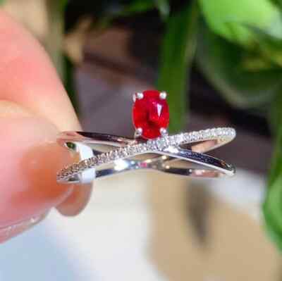 0.75 Ct Oval Real Ruby & Diamond Engagement Wedding Ring 14K Solid White Gold
