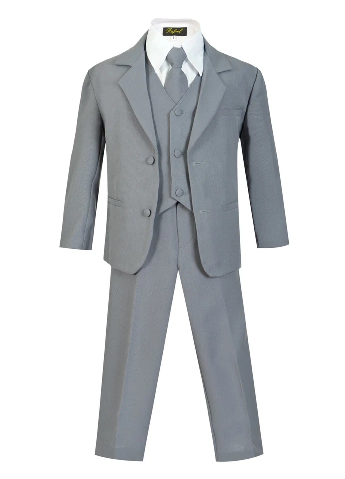 Traje formal ajustado para niños pequeños conjunto de 5 piezas abrigo, chaleco, pantalón, camisa, corbata con clip Foto 3 de 4